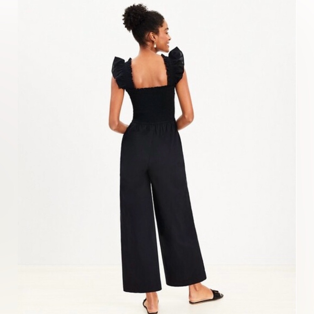 LOFT Beach Ruched Wide Leg Jumpsuit for Black with pockets. 100% cotton - Picture 3 of 14
